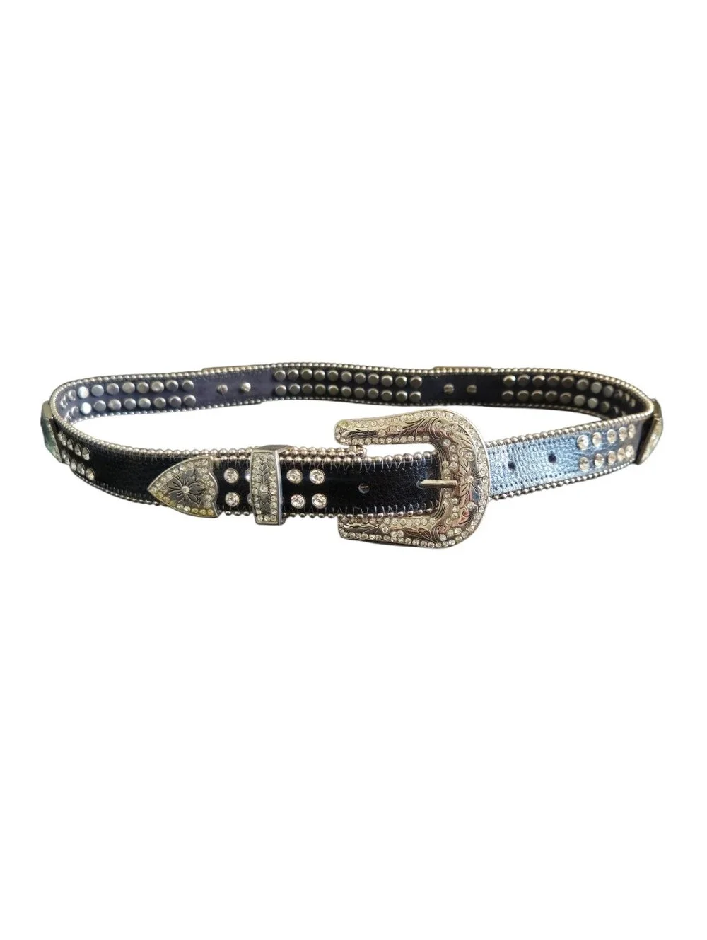 Women's Moto Studded Black& Silver Rhinestone Embellished Faux Leather Belt S/M